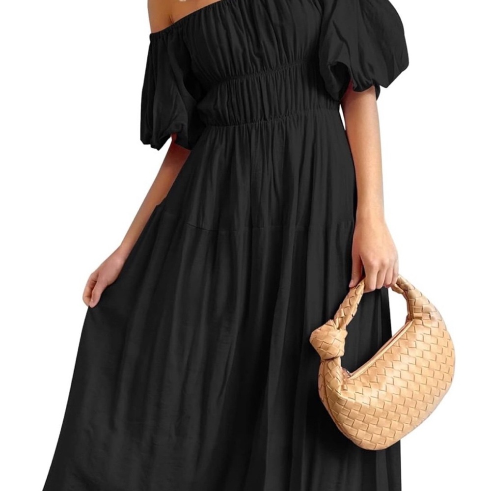 Black Smocked Off-Shoulder Midi Dress